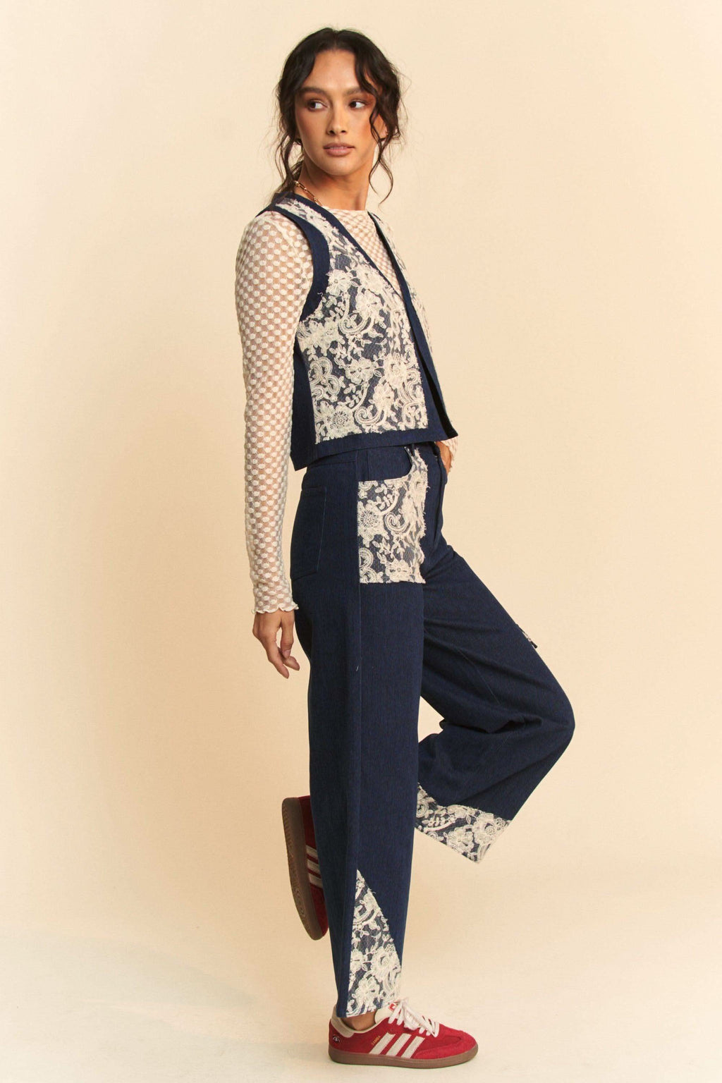 Davi & Dani Lace Patch Open Front Denim Vest in - photo
