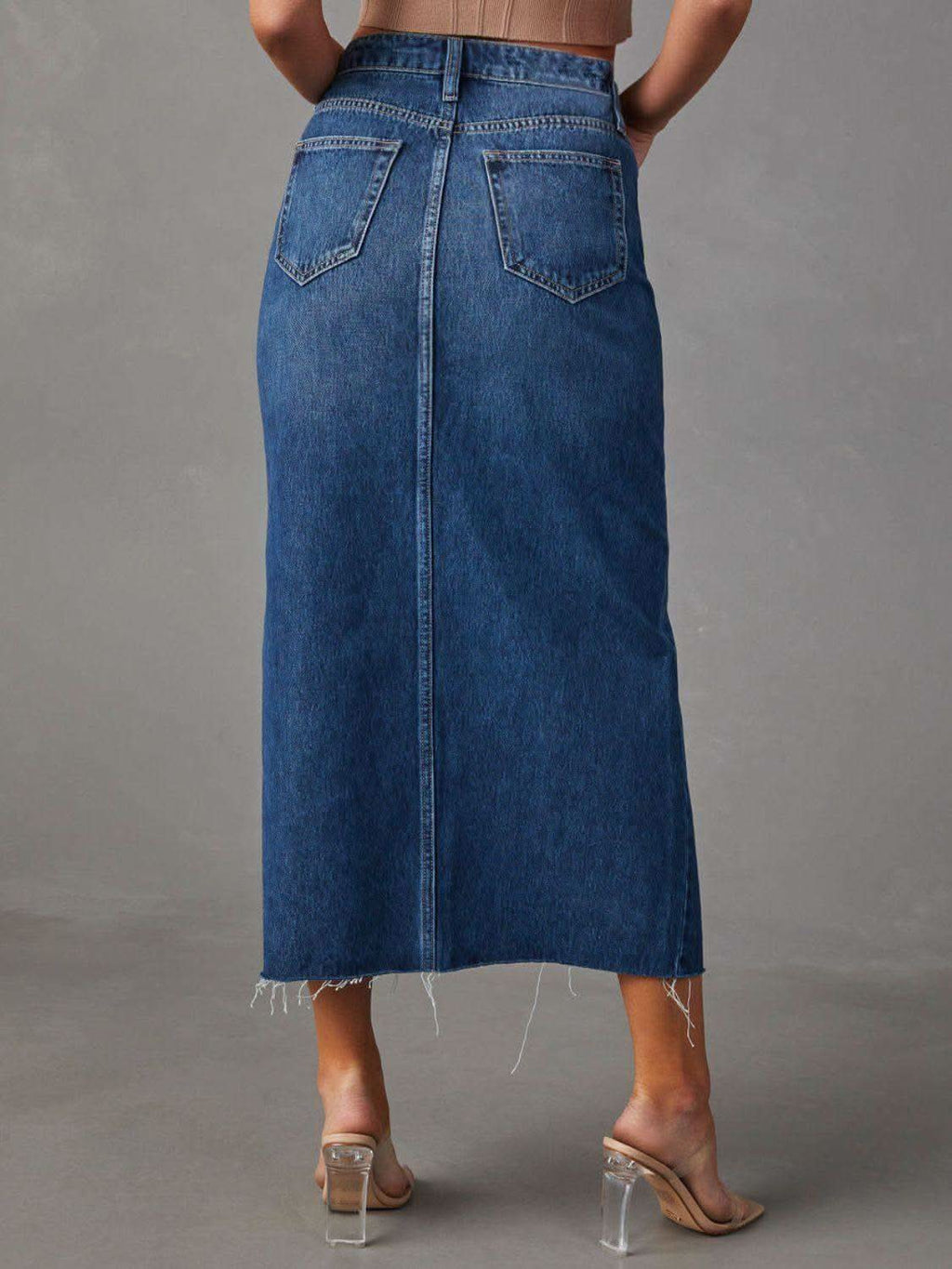 Raw Hem Front Slit Denim Midi Skirt - SwagglyLife Home & Fashion