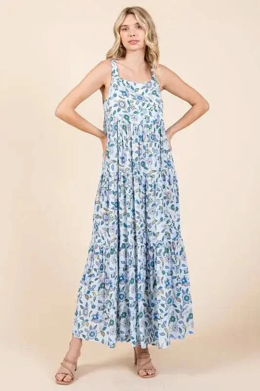 Mittoshop Flower Print Tiered Sleeveless Empire Maxi Dress in Sky Blue - photo