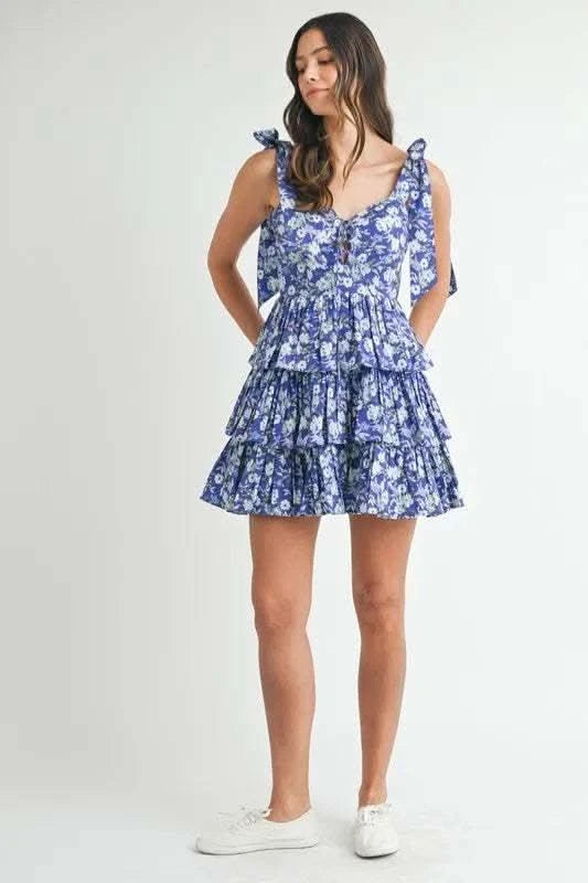 MABLE Floral Print Shoulder Tie Layered Mini Dress in - photo