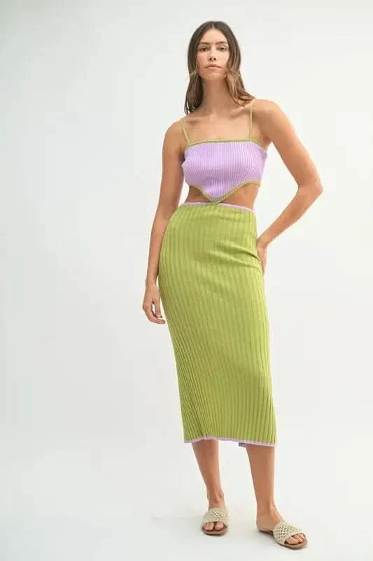 MABLE Ribbed Knit Color Block Cutout Midi Dress in - photo