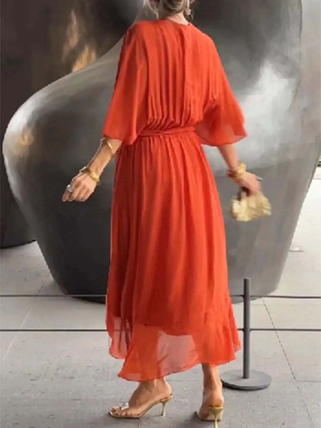 Flowy Tie Front Midi Dress with Flutter Sleeves in - photo