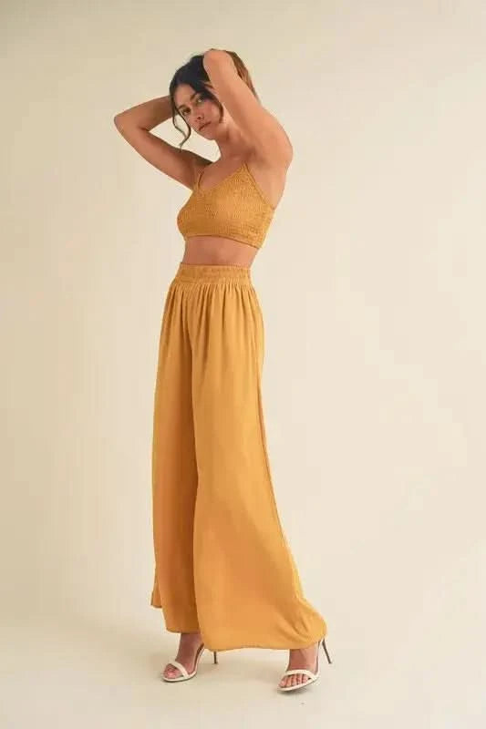 MABLE Smocked Bralette Crop Top and Wide Leg Pants Set - SwagglyLife Home & Fashion