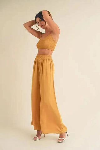 MABLE Smocked Bralette Crop Top and Wide Leg Pants Set - SwagglyLife Home & Fashion MABLE Smocked Bralette Crop Top and Wide Leg Pants Set - SwagglyLife Home & Fashion