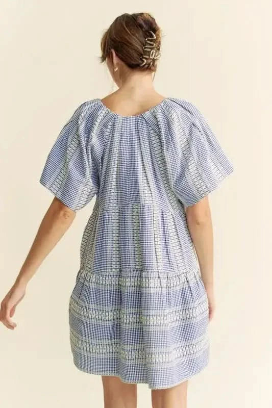 Davi & Dani Embroidered Stripe Ruffled Gingham Mini Dress in - photo