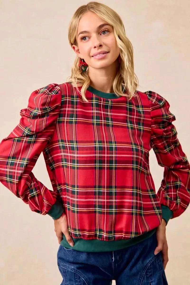 BiBi Christmas Plaid Exaggerated Shoulder Sleeves Top in - photo