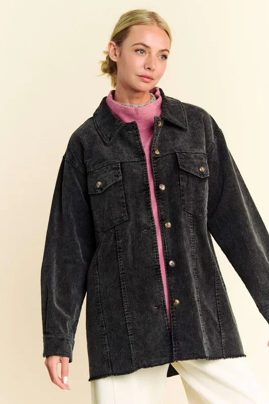 Davi & Dani Washed Corduroy Raw Hem Button Up Jacket in - photo