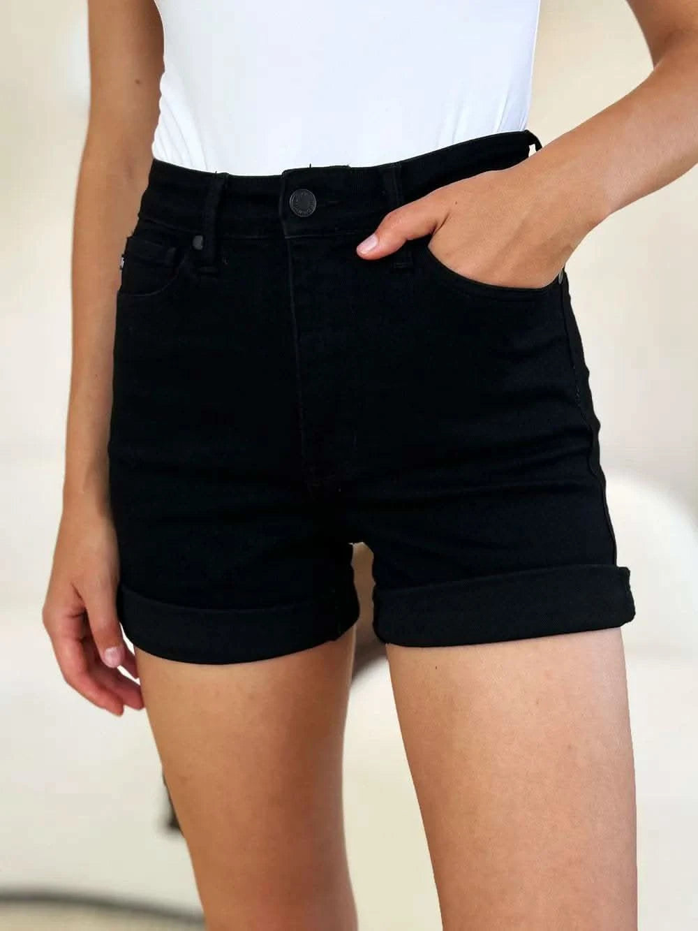Judy Blue Full Size High Waist Tummy Control Cuffed Denim Shorts in Black - photo