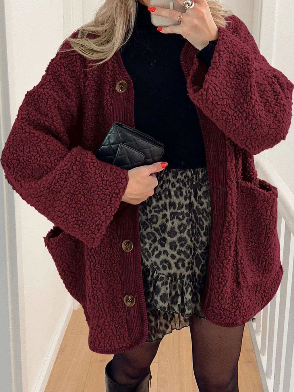 Contrast Button Up Sherpa Jacket with Pockets in Burgundy - photo