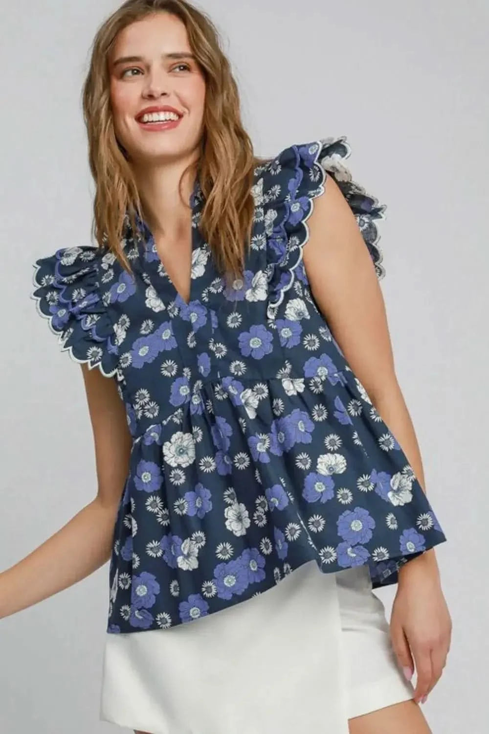 Umgee Full Size Floral Print Peplum Top Plus Size in NAVY MIX - photo