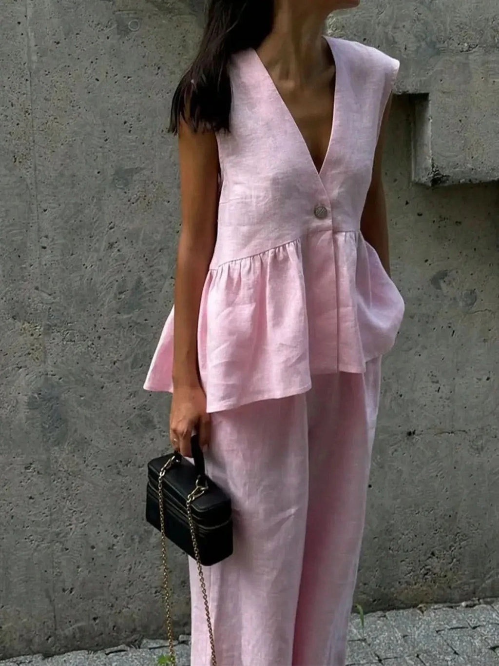 Button Down Peplum Vest and Pants Set in Blush Pink - photo