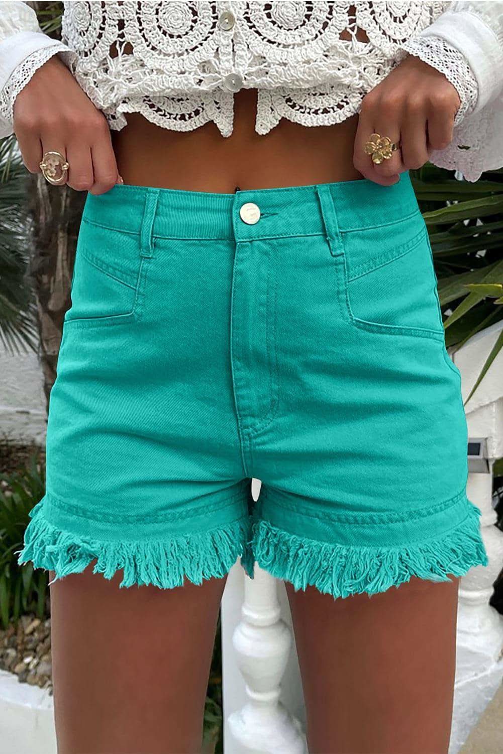 ADRI Raw Hem High Waist Denim Shorts - SwagglyLife Home & Fashion ADRI Raw Hem High Waist Denim Shorts - SwagglyLife Home & Fashion