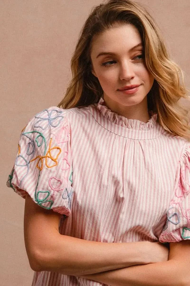 BiBi Embroidery Bubble Sleeve Top With Bottom Scallop Detail in - photo