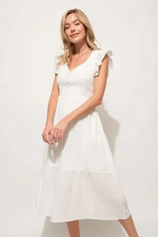And The Why Ruffle Sleeve Front Smocked Tiered Midi Dress in Off White - photo