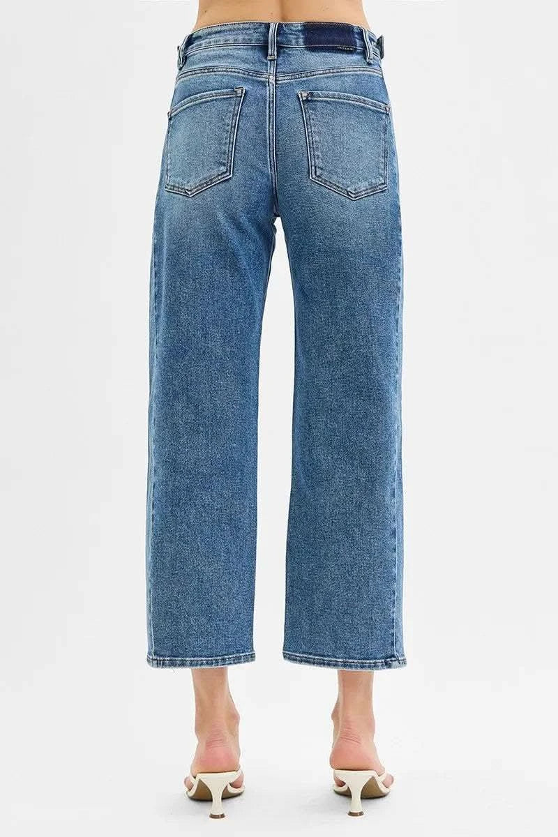 RISEN High Rise Crop Length Barrel Adjustable Waist Band Jeans in - photo