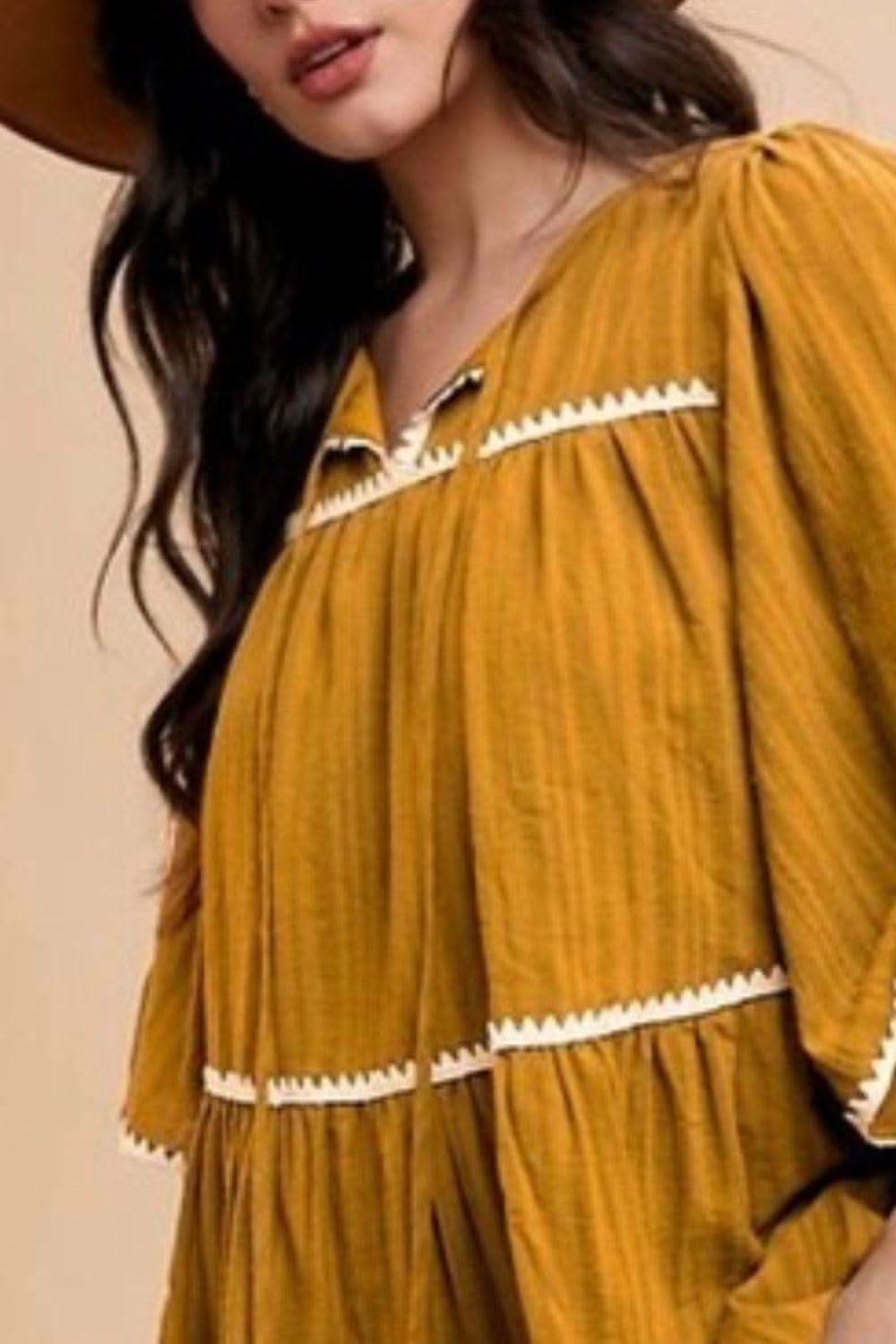 Annie Wear Tassel Contrast Trim Tie Neck Half Sleeve Tiered Dress - SwagglyLife Home & Fashion Annie Wear Tassel Contrast Trim Tie Neck Half Sleeve Tiered Dress - SwagglyLife Home & Fashion