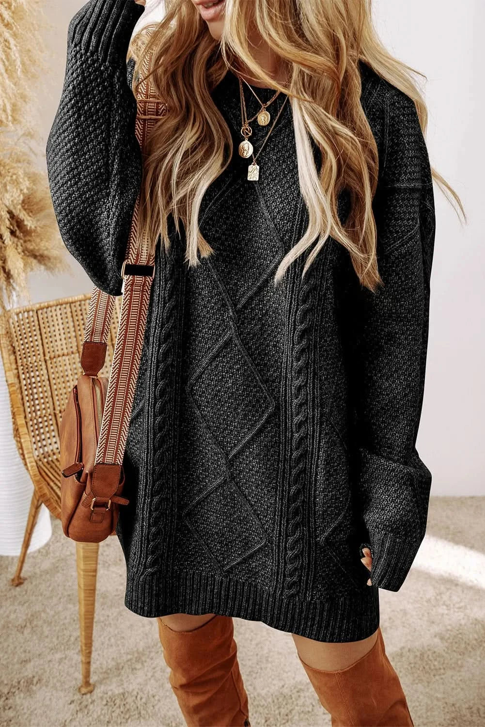 Cable-Knit Round Neck Sweater Dress in Black - photo