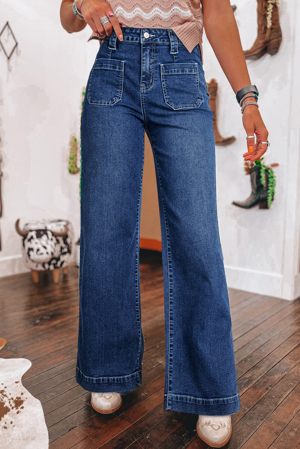 Victoria Wide Leg Pocketed High Waist Jeans in Sail Blue - Bottoms/Jeans photo