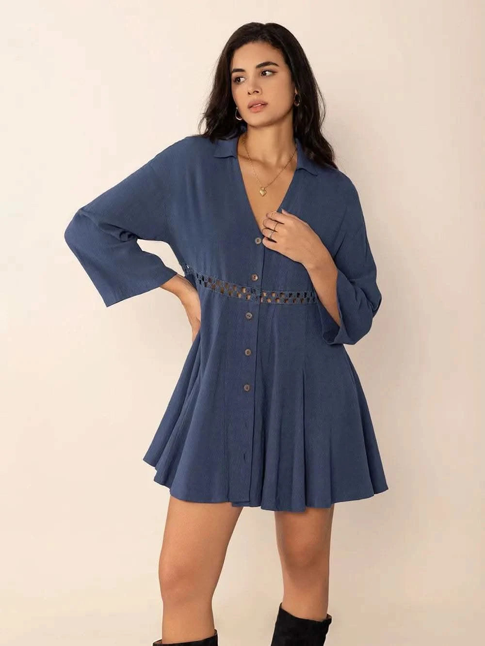 Cutout Johnny Collar Long Sleeve Mini Dress in - photo