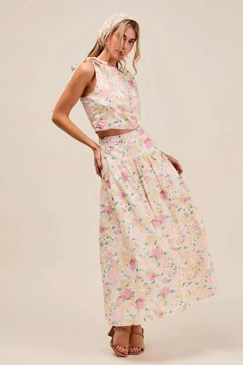 SO ME Floral Printed Woven Shoulder Bow Tie Top and Skirt Set in - photo