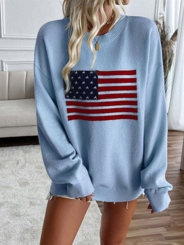 Devine US Flag Round Neck Long Sleeve Knit Top - SwagglyLife Home & Fashion Devine US Flag Round Neck Long Sleeve Knit Top - SwagglyLife Home & Fashion