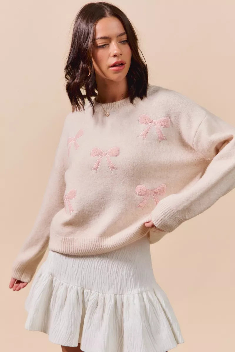 SO ME Embroidered Ribbon Round Neck Sweater - SwagglyLife Home & Fashion
