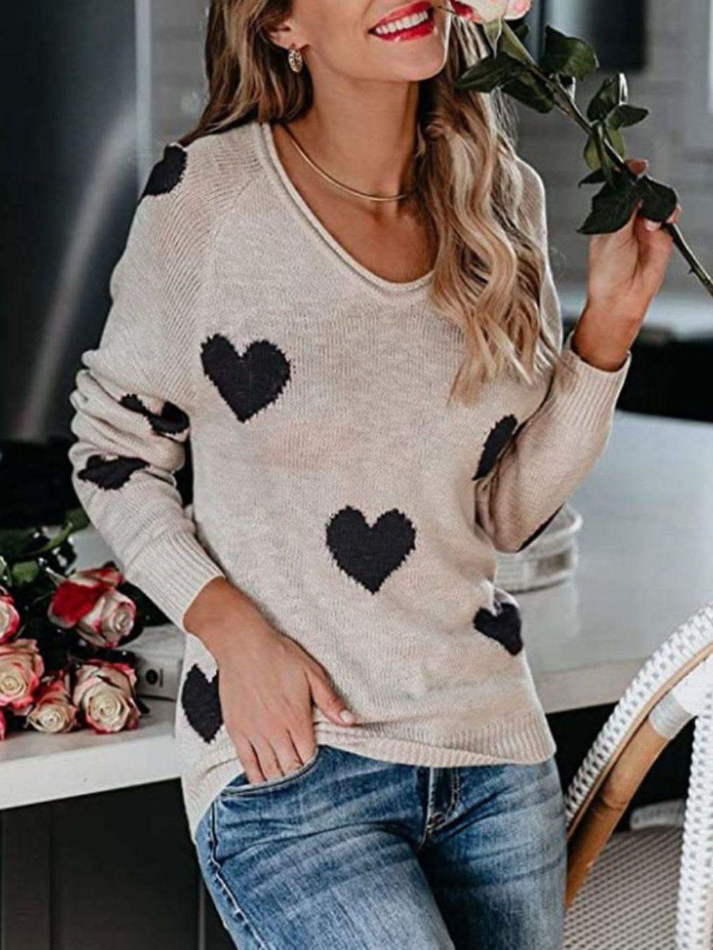 Heart Scoop Neck Long Sleeve Sweater in - photo