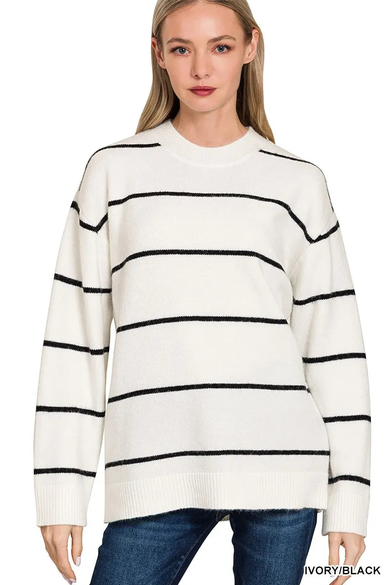 Zenana Round Neck Stripe Sweater in IVORY BLACK - photo