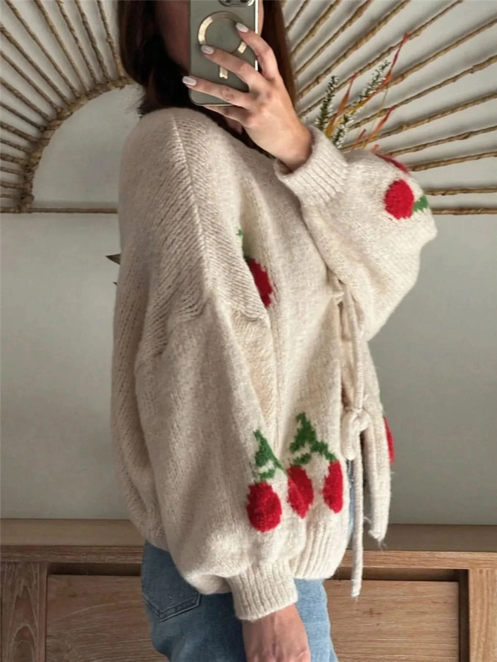 Cherry Pattern Tie-Front Oversized Cardigan in - photo