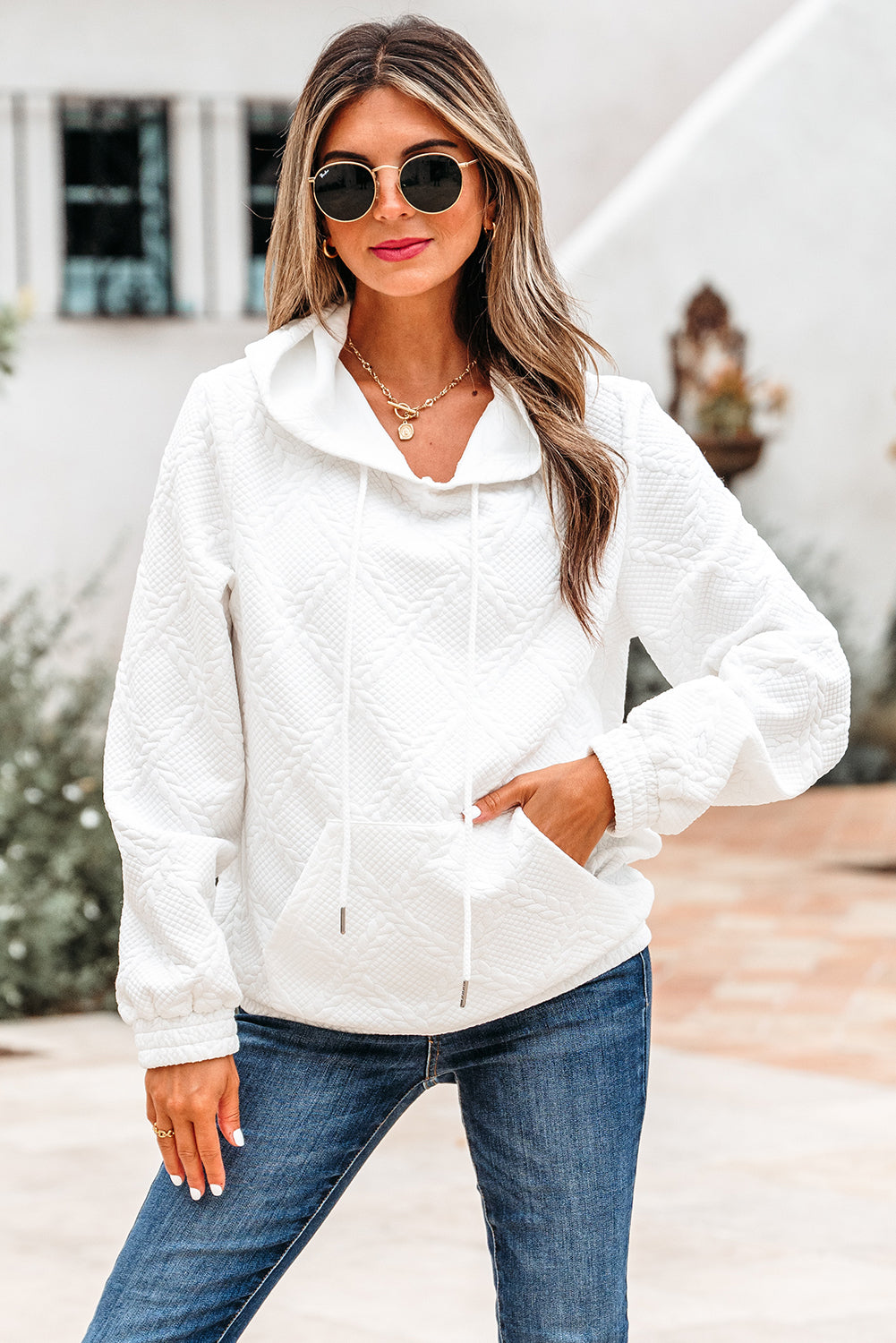 Magnolia Cable Lattice Texture Kangaroo Pocket Hoodie in White - Tops/Sweatshirts & Hoodies photo