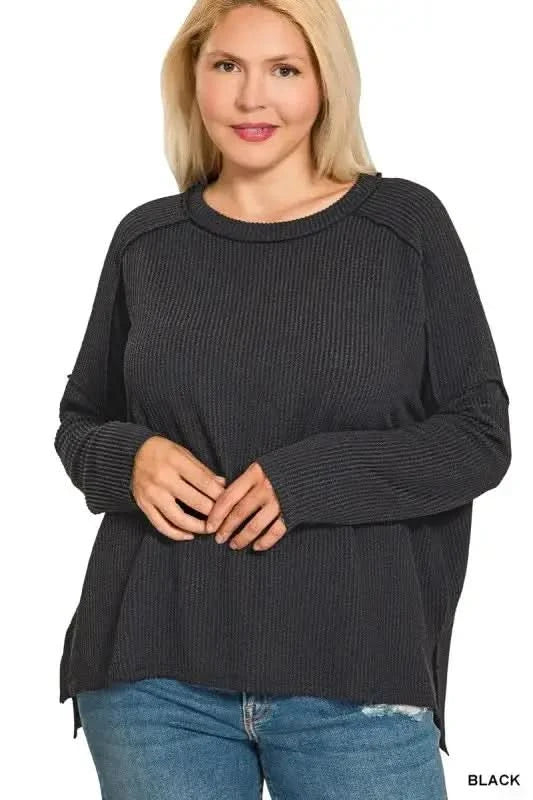 Zenana Full Size Exposed Seam Long Sleeve Corded Rib Knit Top Plus Size in - photo