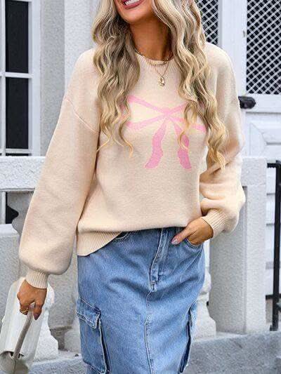 Angel Wings Bow Graphic Round Neck Long Sleeve Sweater in - photo
