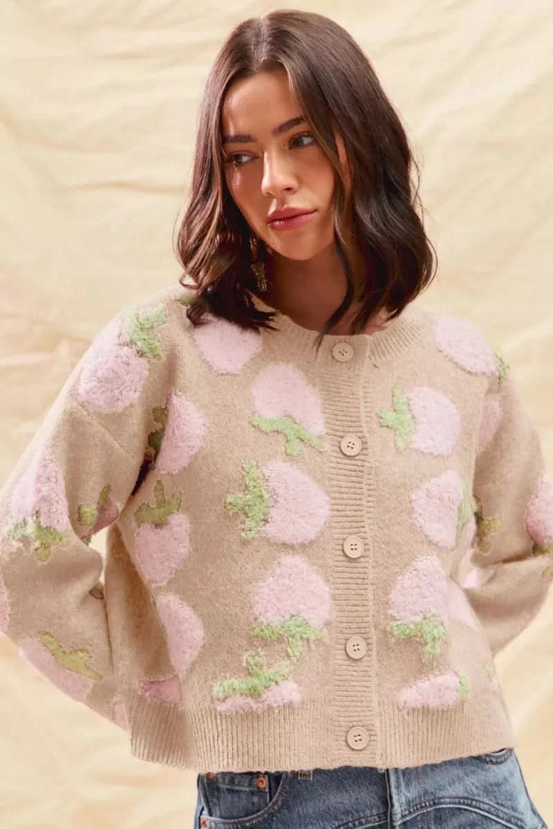 SO ME Strawberry Fruit All Over Button Sweater Cardigan in OATMEAL - photo