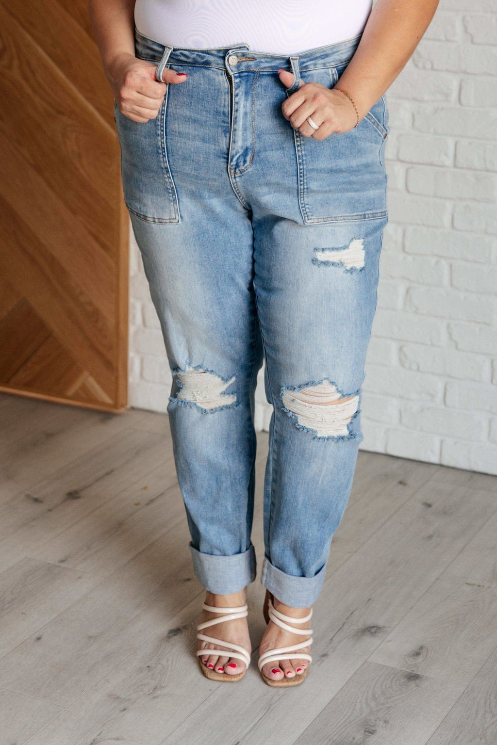 Judy Blue Aiden High Rise Patch Pocket Distressed Boyfriend Jeans - SwagglyLife Home & Fashion