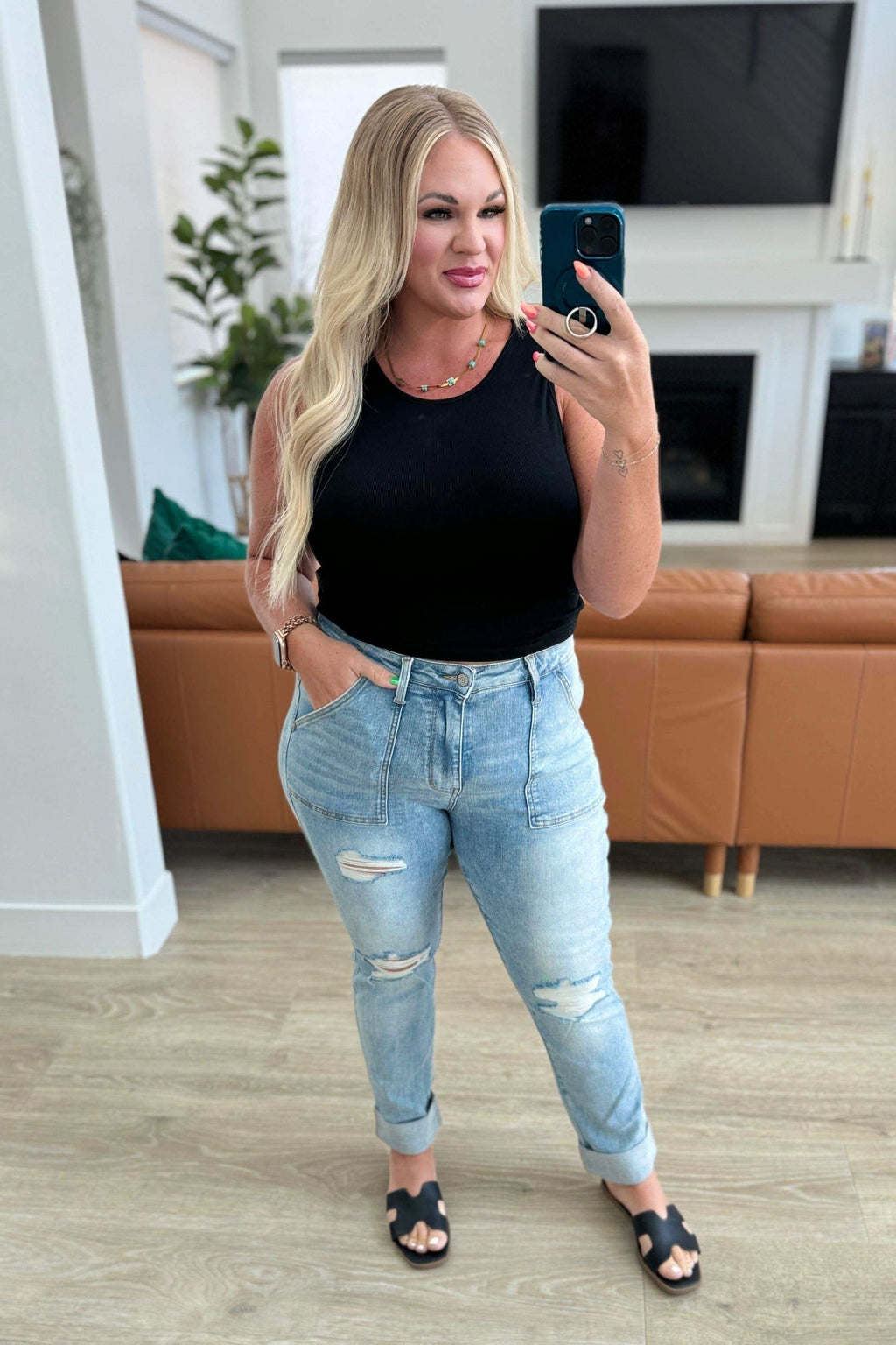 Judy Blue Aiden High Rise Patch Pocket Distressed Boyfriend Jeans - SwagglyLife Home & Fashion