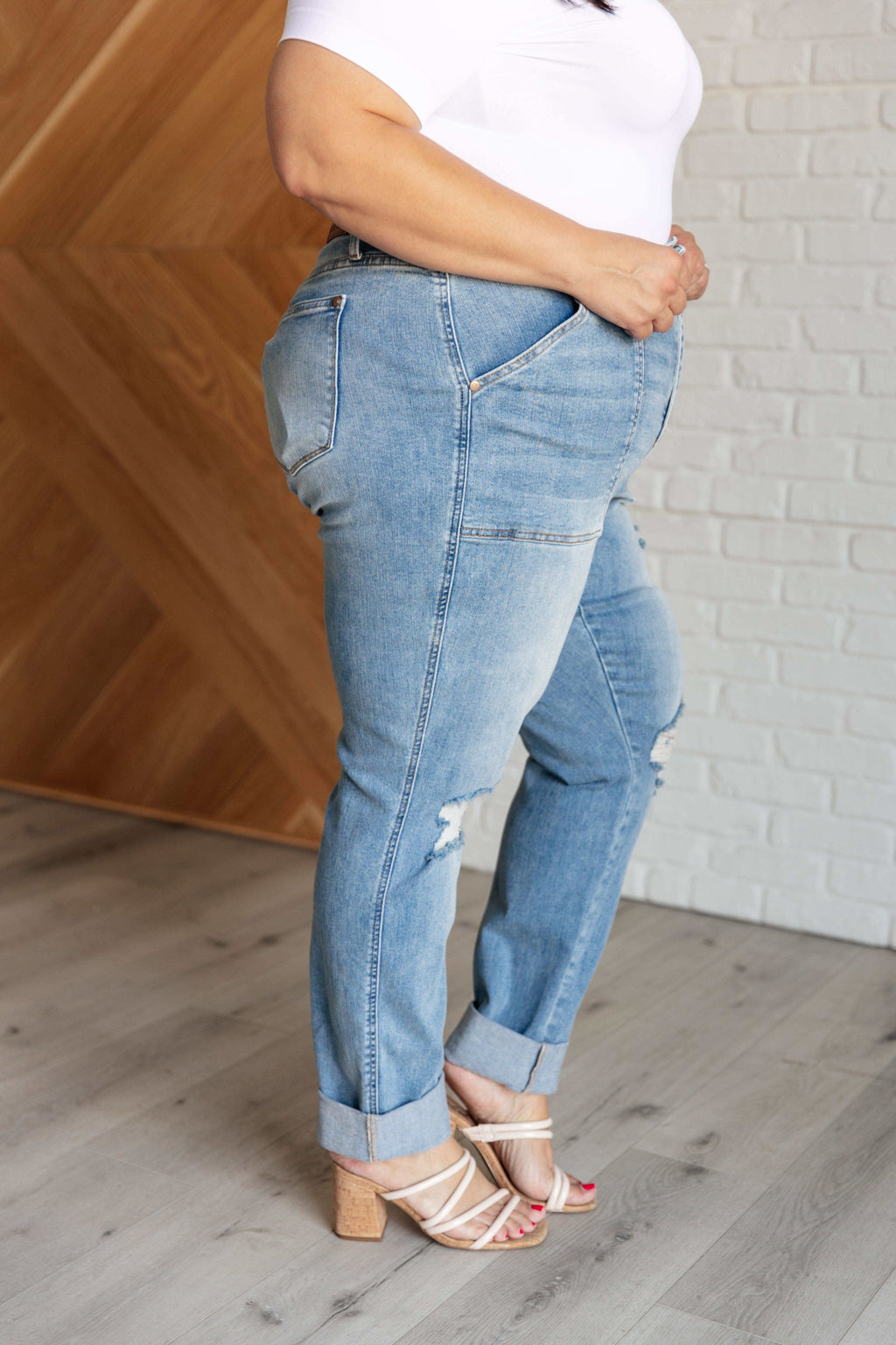 Judy Blue Aiden High Rise Patch Pocket Distressed Boyfriend Jeans - SwagglyLife Home & Fashion
