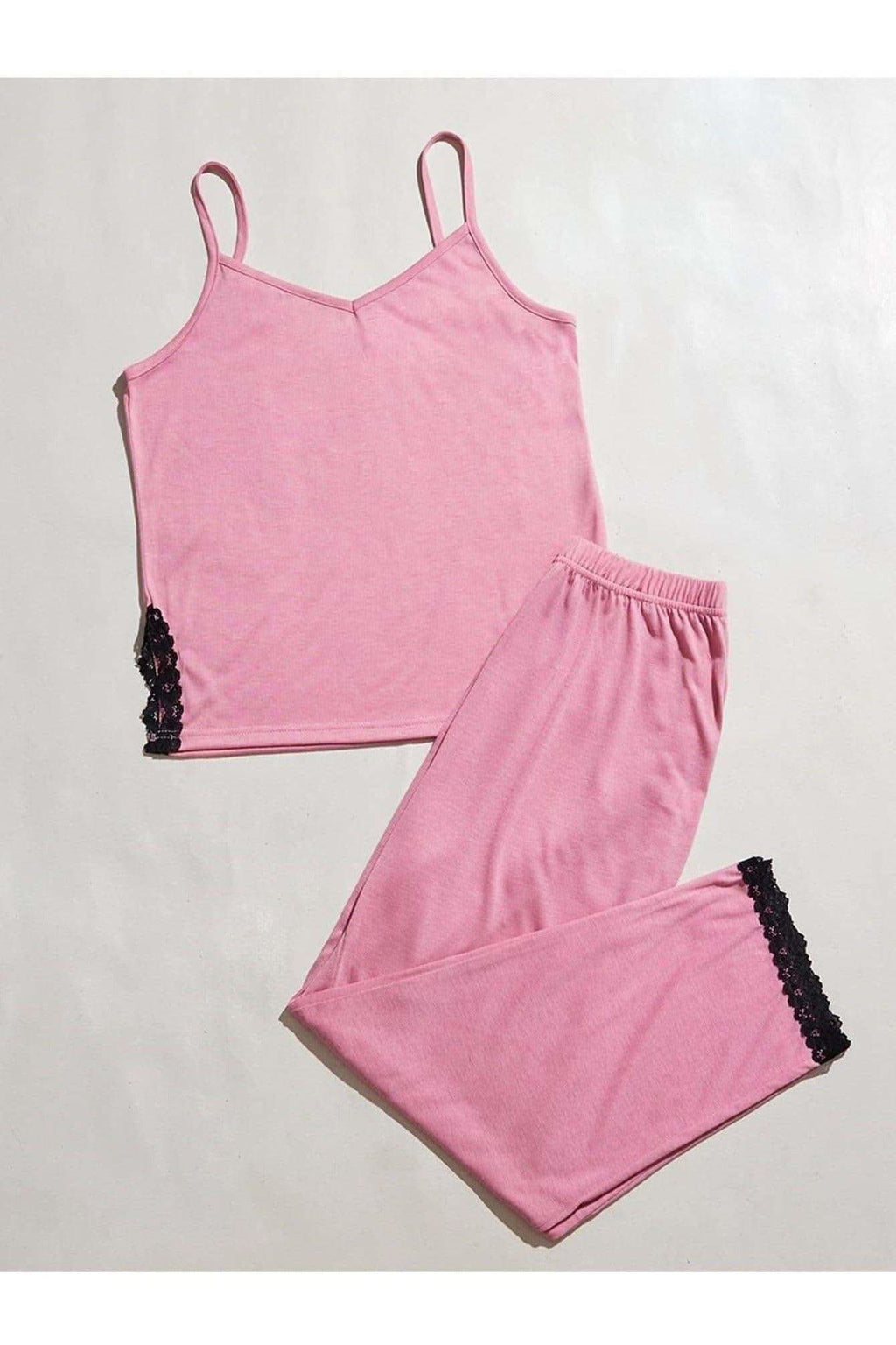Alex V-Neck Lace Trim Slit Cami and Pants Pajama Set in Pink - Sleepwear & Loungewear photo