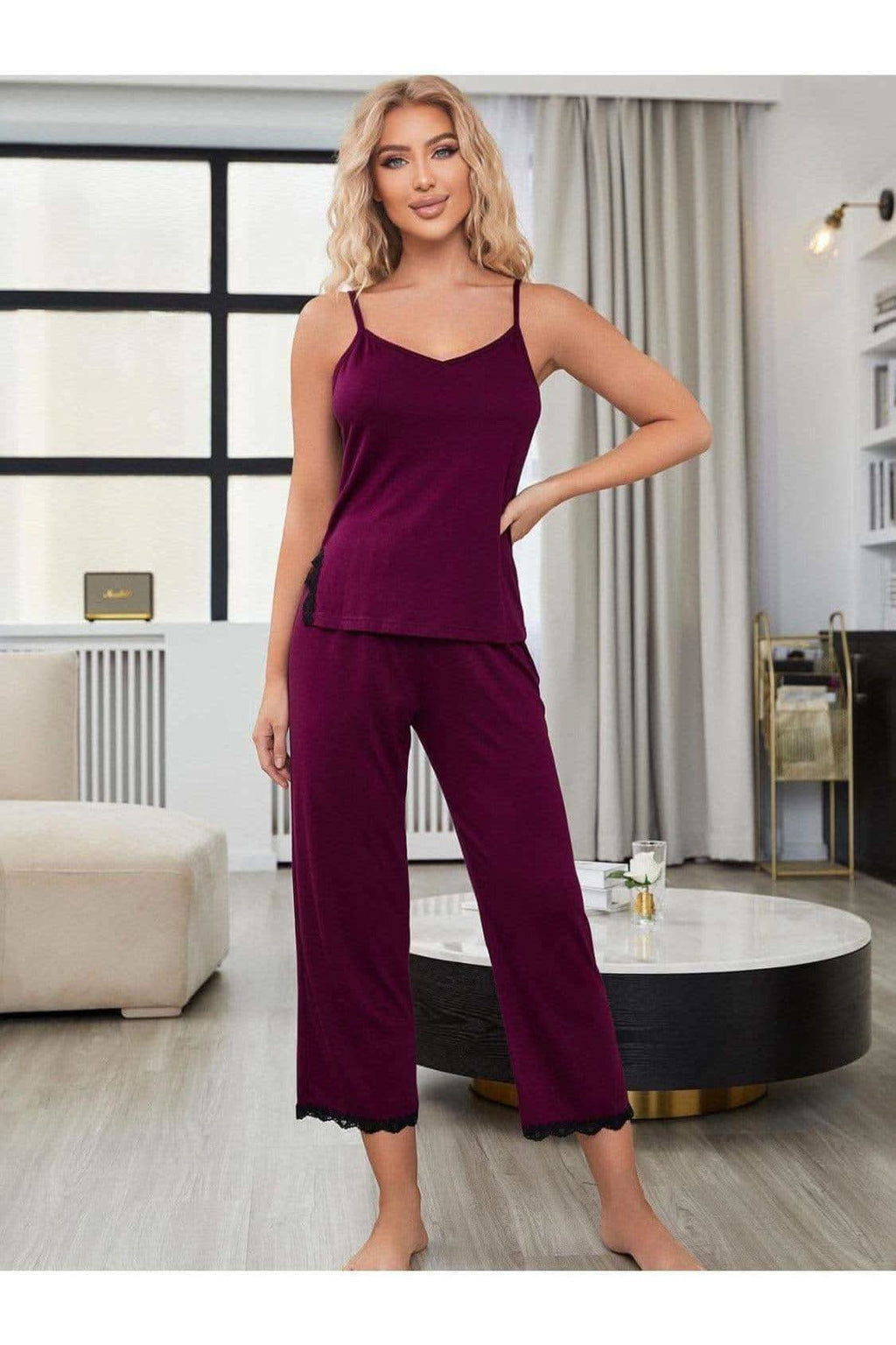 Alex V-Neck Lace Trim Slit Cami and Pants Pajama Set in Magenta - Sleepwear & Loungewear photo