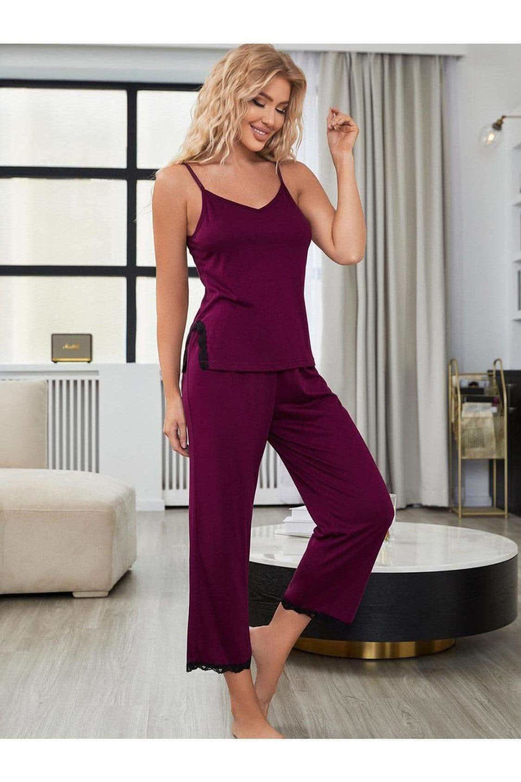 Alex V-Neck Lace Trim Slit Cami and Pants Pajama Set in - Sleepwear & Loungewear photo
