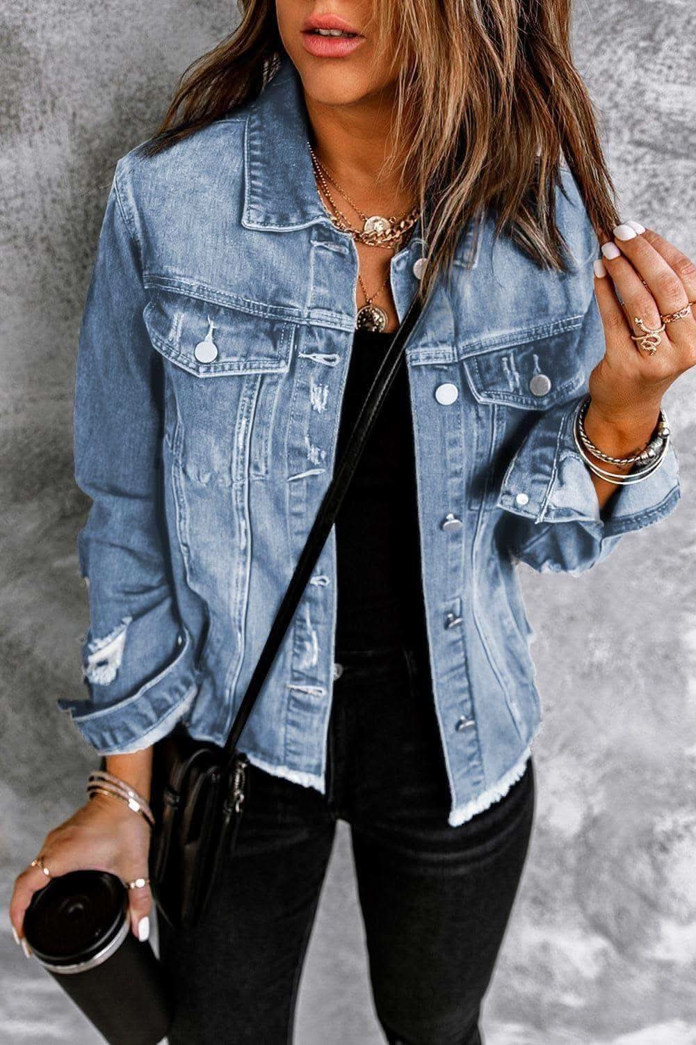 Distressed Raw Hem Denim Jacket in Blue S - Coats & Jackets photo