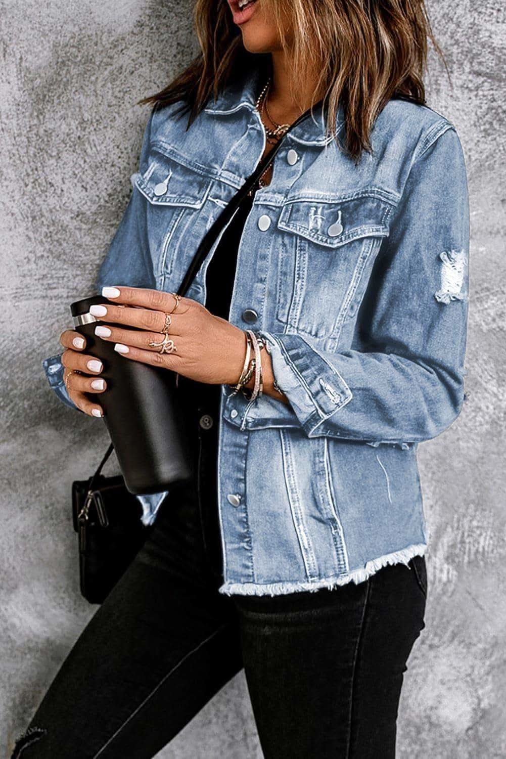 Distressed Raw Hem Denim Jacket in - Coats & Jackets photo