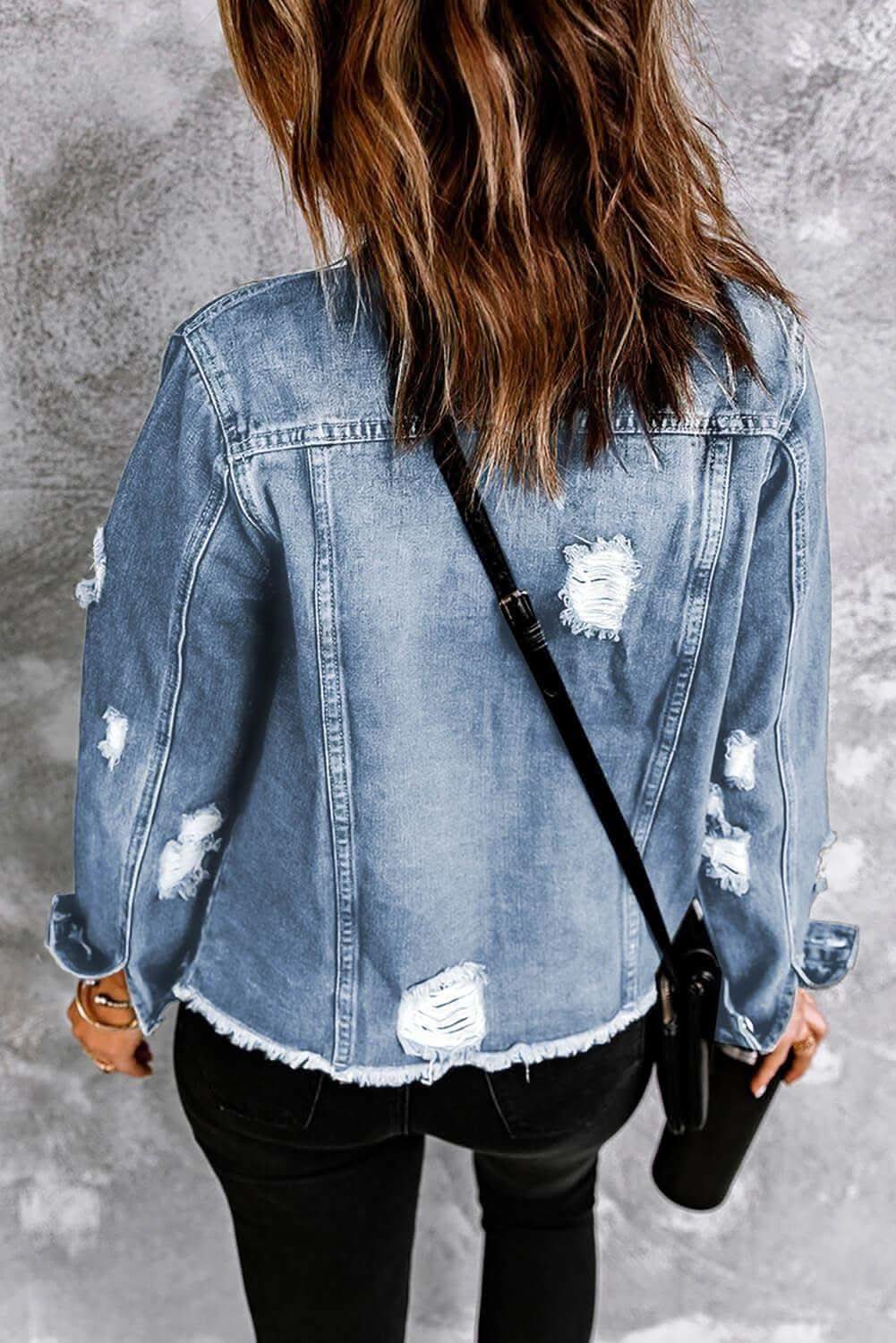 Distressed Raw Hem Denim Jacket in - Coats & Jackets photo