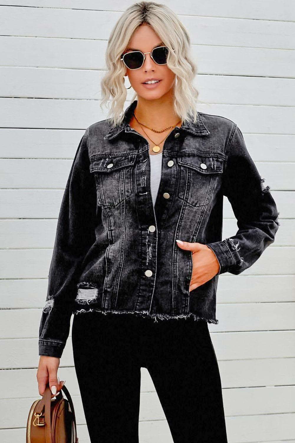Distressed Raw Hem Denim Jacket in - Coats & Jackets photo