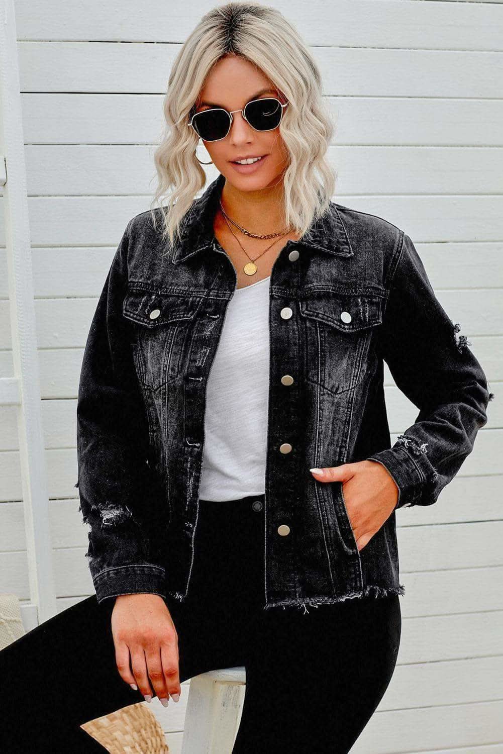 Distressed Raw Hem Denim Jacket in Black - Coats & Jackets photo