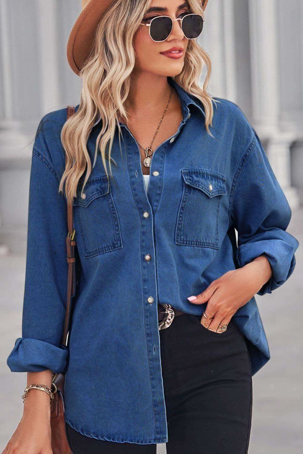 Amber Collared Neck Dropped Shoulder Denim Top - SwagglyLife Home & Fashion