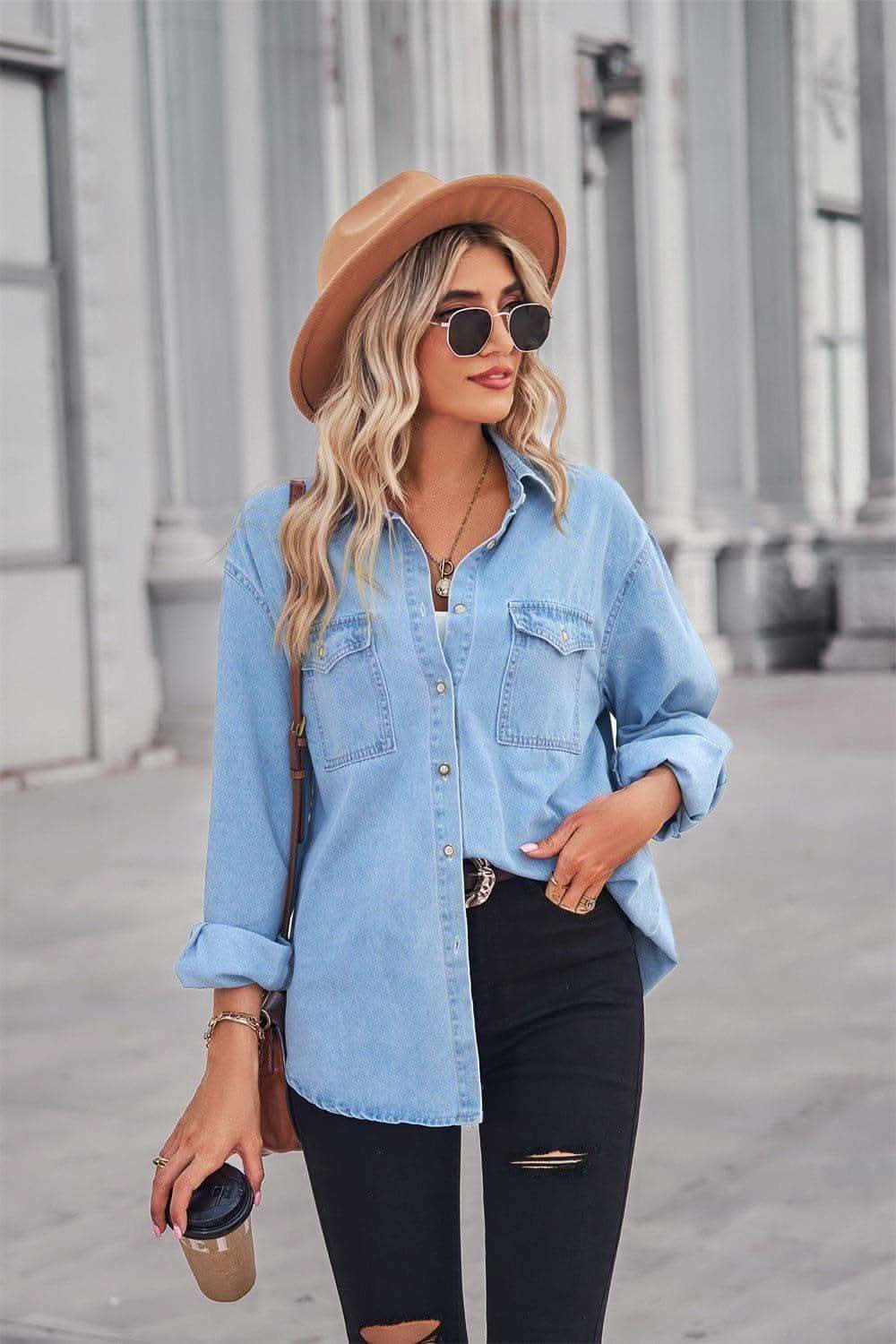 Amber Collared Neck Dropped Shoulder Denim Top - SwagglyLife Home & Fashion