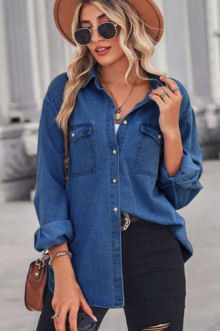 Amber Collared Neck Dropped Shoulder Denim Top - SwagglyLife Home & Fashion Amber Collared Neck Dropped Shoulder Denim Top - SwagglyLife Home & Fashion