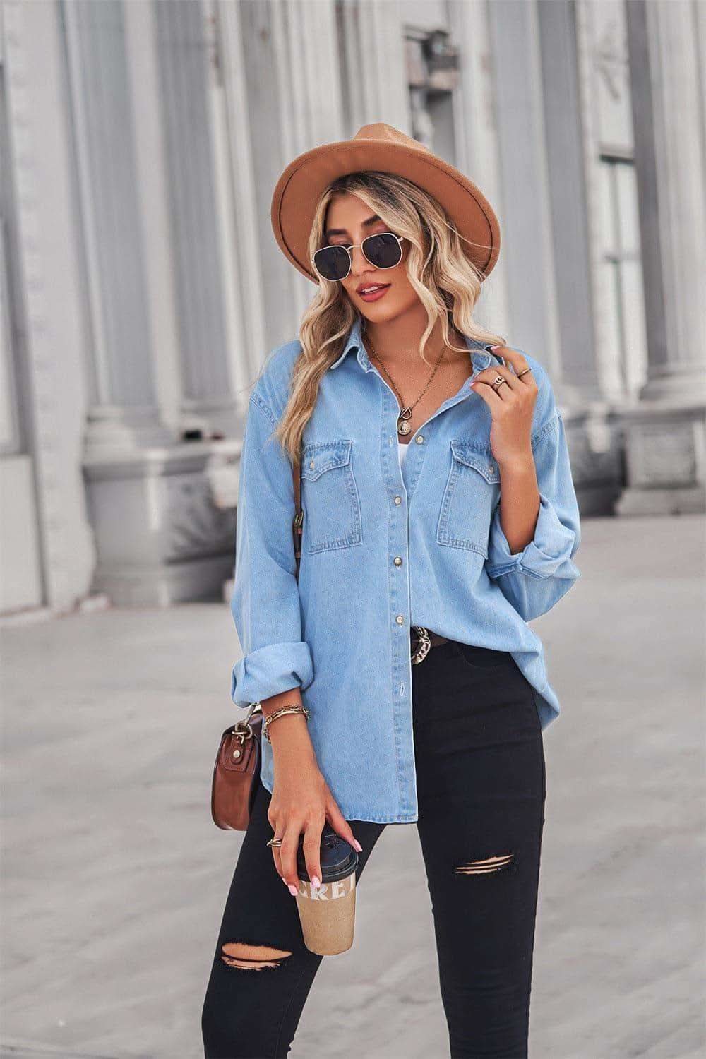 Amber Collared Neck Dropped Shoulder Denim Top - SwagglyLife Home & Fashion