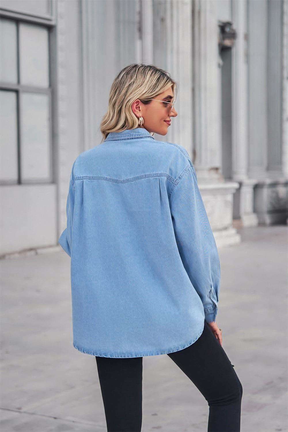 Amber Collared Neck Dropped Shoulder Denim Top - SwagglyLife Home & Fashion