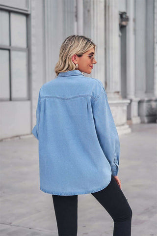 Amber Collared Neck Dropped Shoulder Denim Top - SwagglyLife Home & Fashion Amber Collared Neck Dropped Shoulder Denim Top - SwagglyLife Home & Fashion